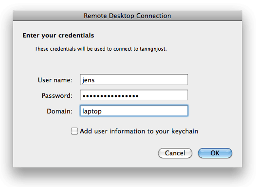 The connection dialogue box for the Mac RDP client