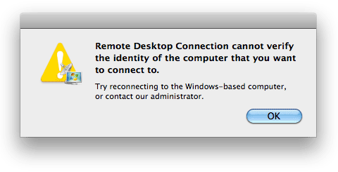 The error shown when trying to connect to the Windows PC using the Mac Remote Desktop Connection